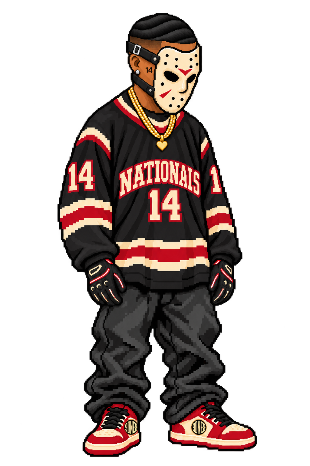 K.ROB pixel character in a hockey mask and Nationals jersey